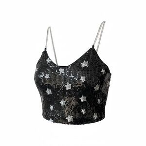 Dance & Marvel Women’s Sequin Silver Star and Black Tank Crop Top.  Size S